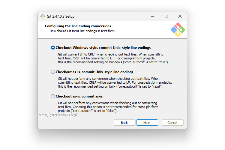 Gitインストール時の10画面目「Configuring the line ending conversions」のサムネイル
