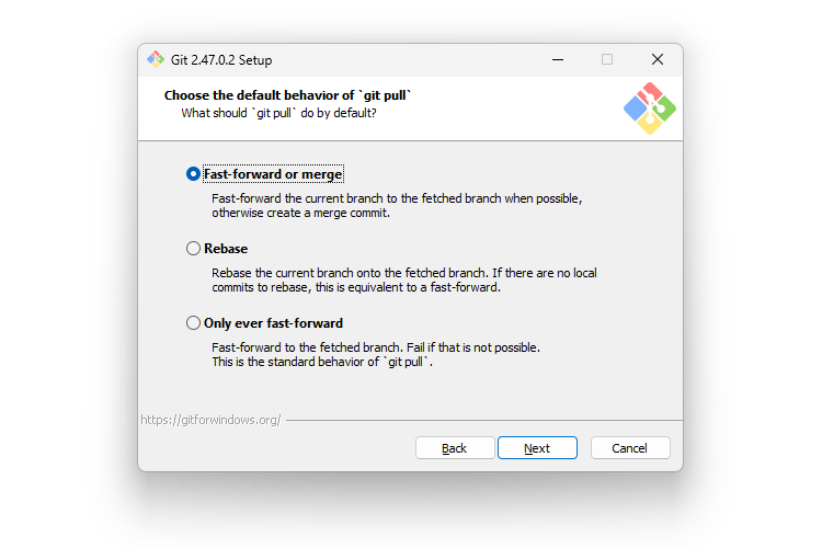 Gitインストール時の12画面目「Choose the default behavior of 'git pull'」のサムネイル