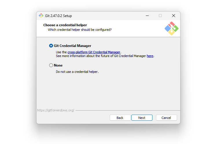 Gitインストール時の13画面目「Choose a credential helper」のサムネイル
