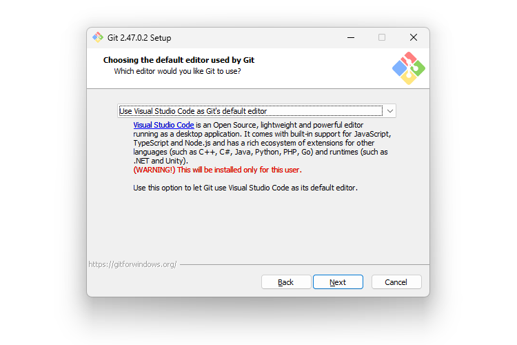 Gitインストール時の5画面目「Choosing the default editor used by Git」のサムネイル