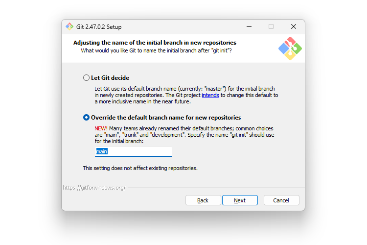 Gitインストール時の6画面目「Adjusting the name of the initial branch in new repositories」のサムネイル