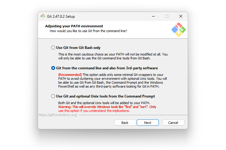 Gitインストール時の7画面目「Adjusting your PATH environment」のサムネイル