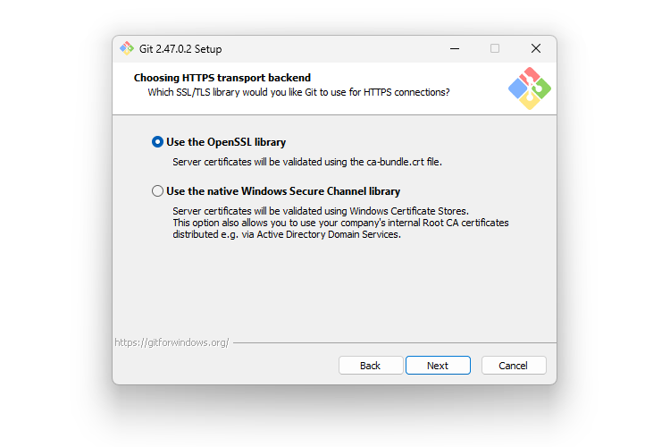 Gitインストール時の9画面目「Choosing HTTPS transport backend」のサムネイル